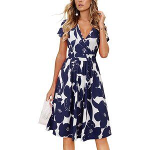 Women's Summer Short Sleeve V-Neck Floral Short Party Dress with Pockets